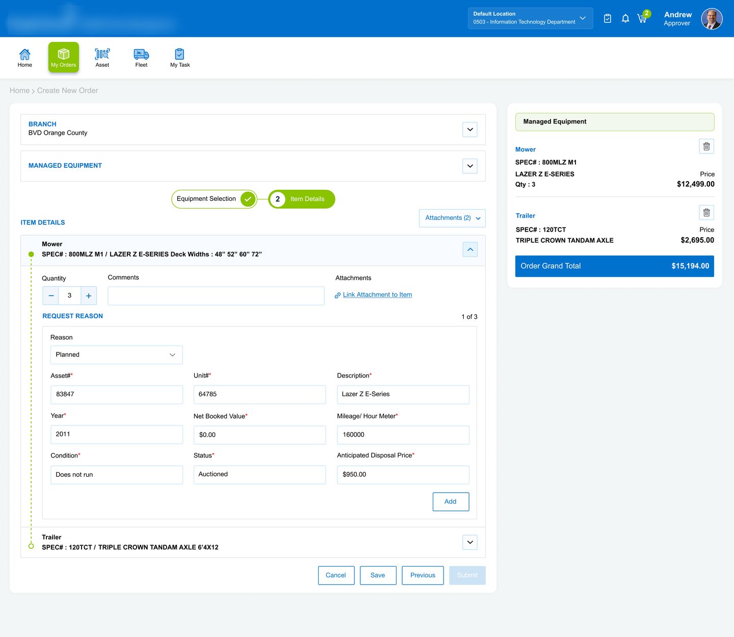 Item details step with structured request reasons and cart summary
