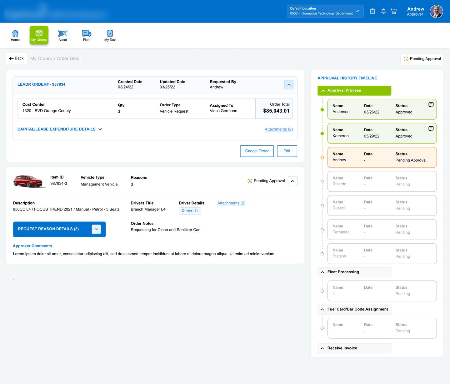 Order detail with full approval history timeline
