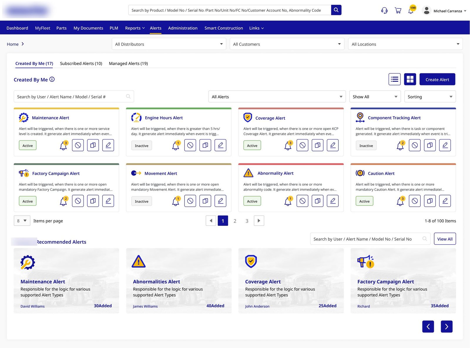 Alert management screen with alert cards, channel toggles and recommended templates