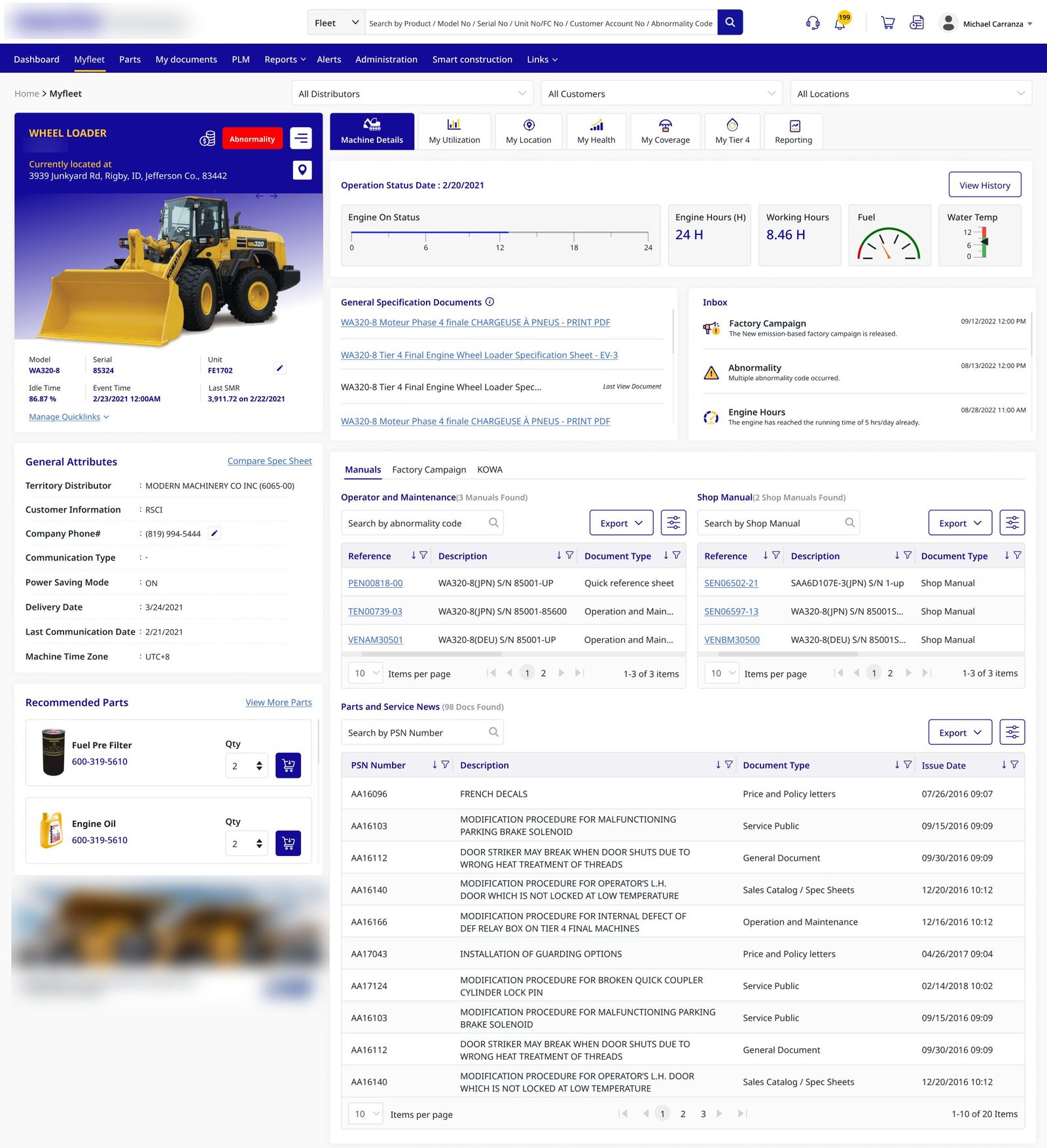Single machine page with identity card, vitals, documents inbox and recommended parts