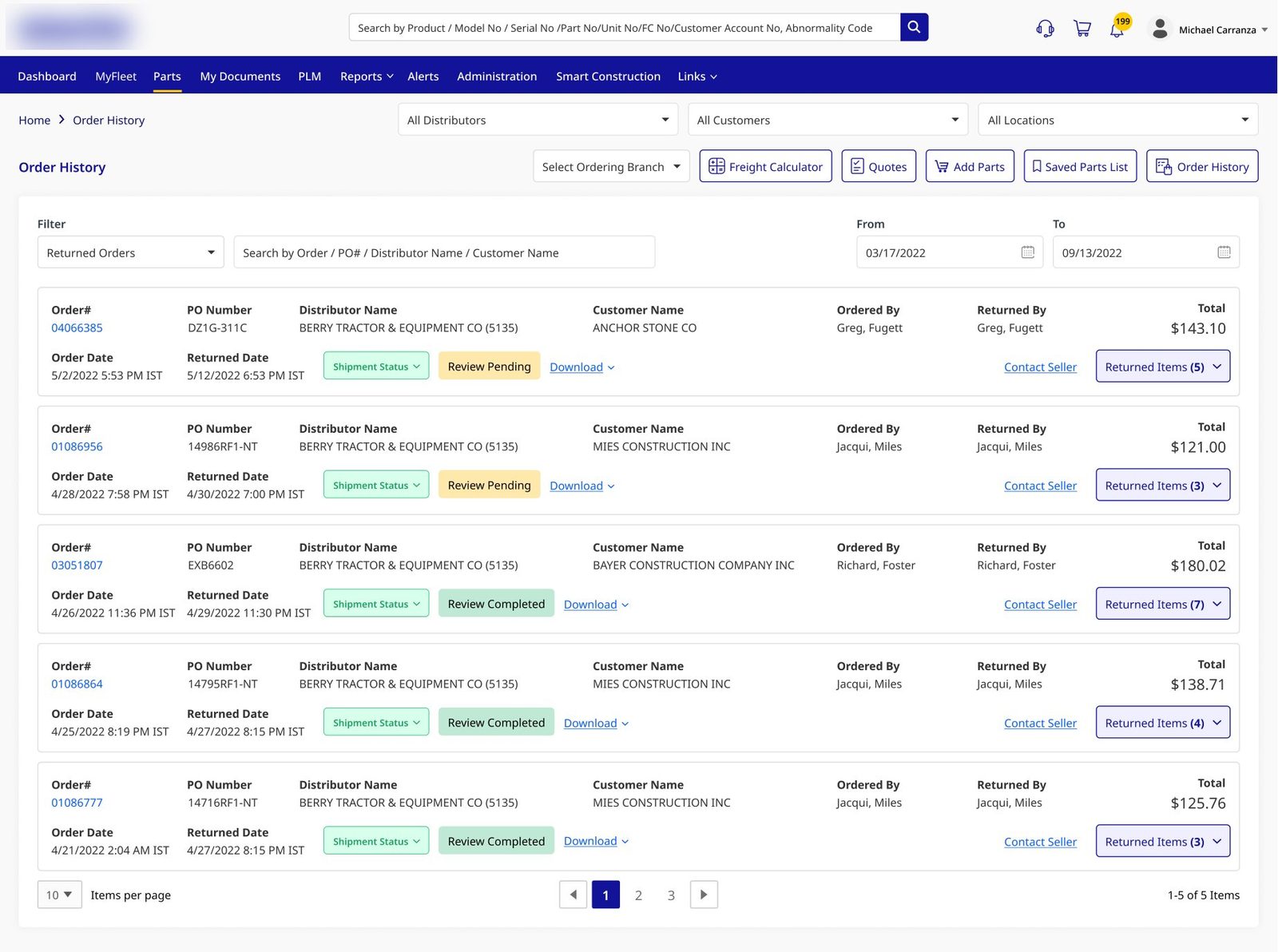 Parts order history with lifecycle chips, returns and freight tools
