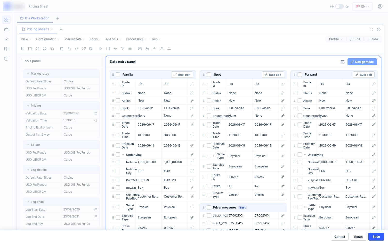 Design mode with drag handles and per-row edit controls