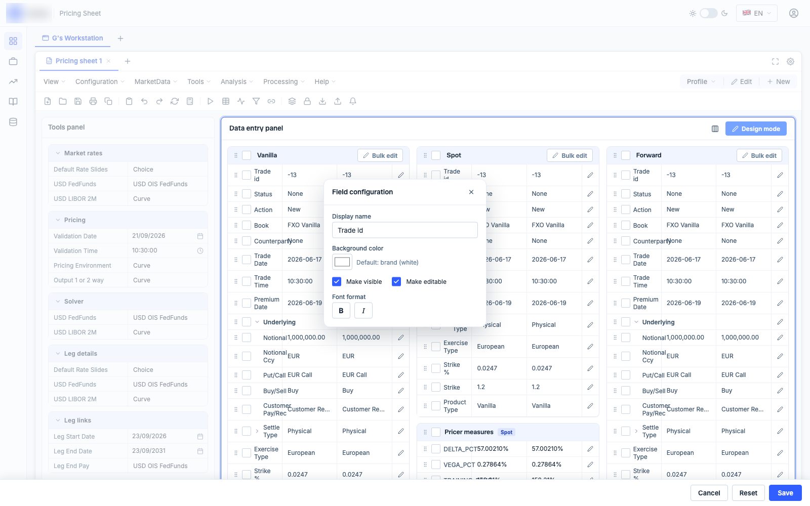 Field configuration modal for a single field