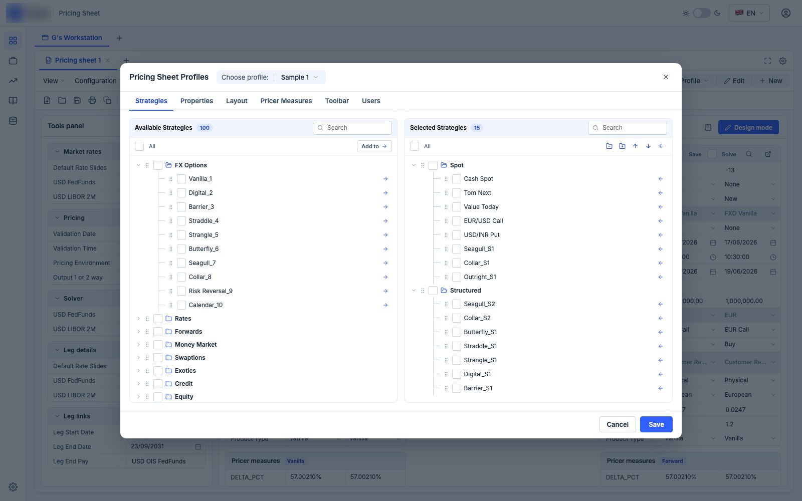 Profile configuration strategies tab with dual-list picker