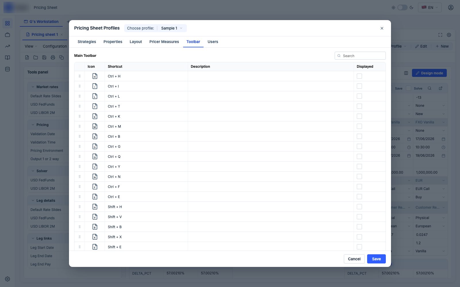 Profile toolbar tab with shortcuts and visibility toggles