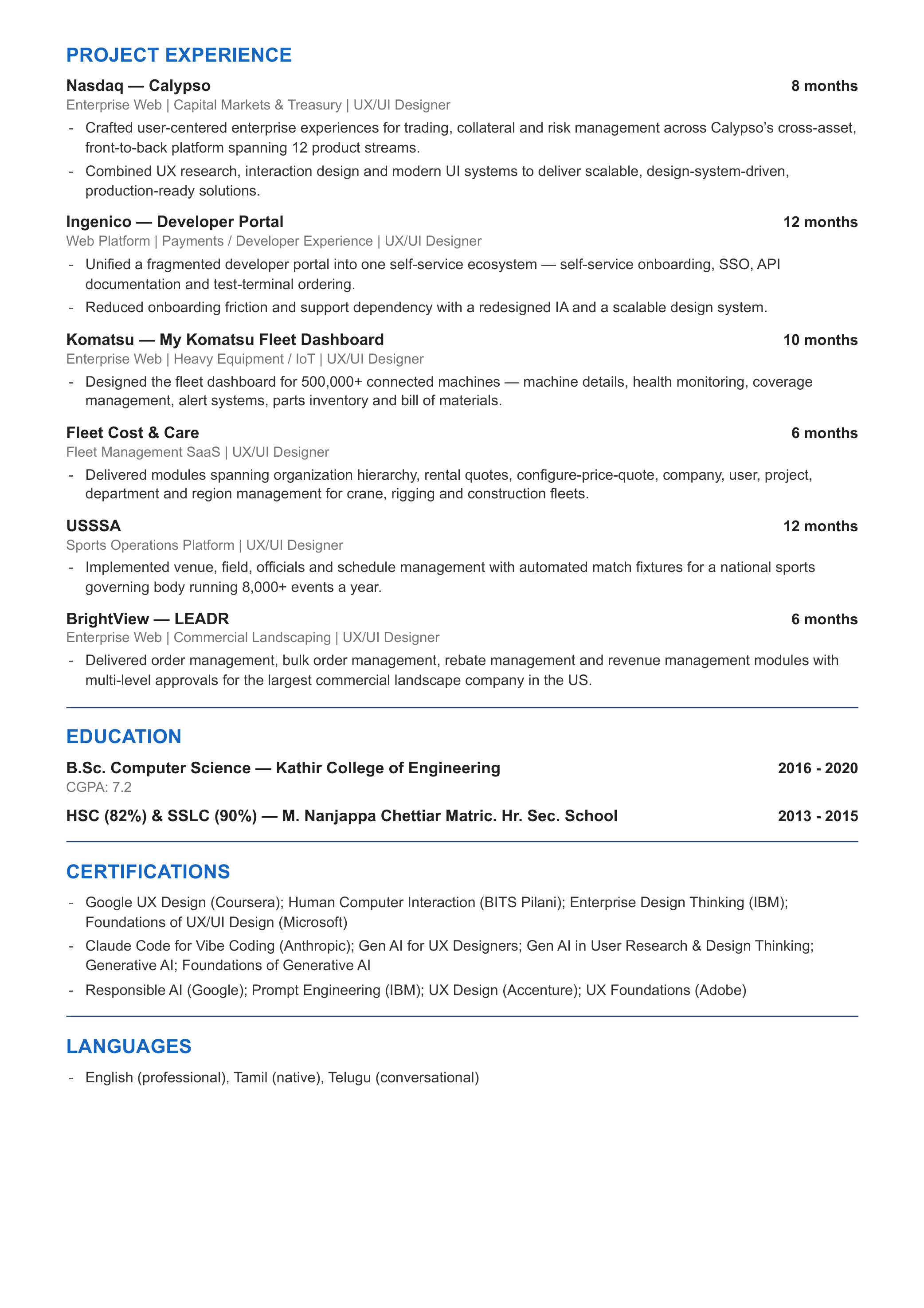 General resum&eacute; &mdash; projects, education & certifications